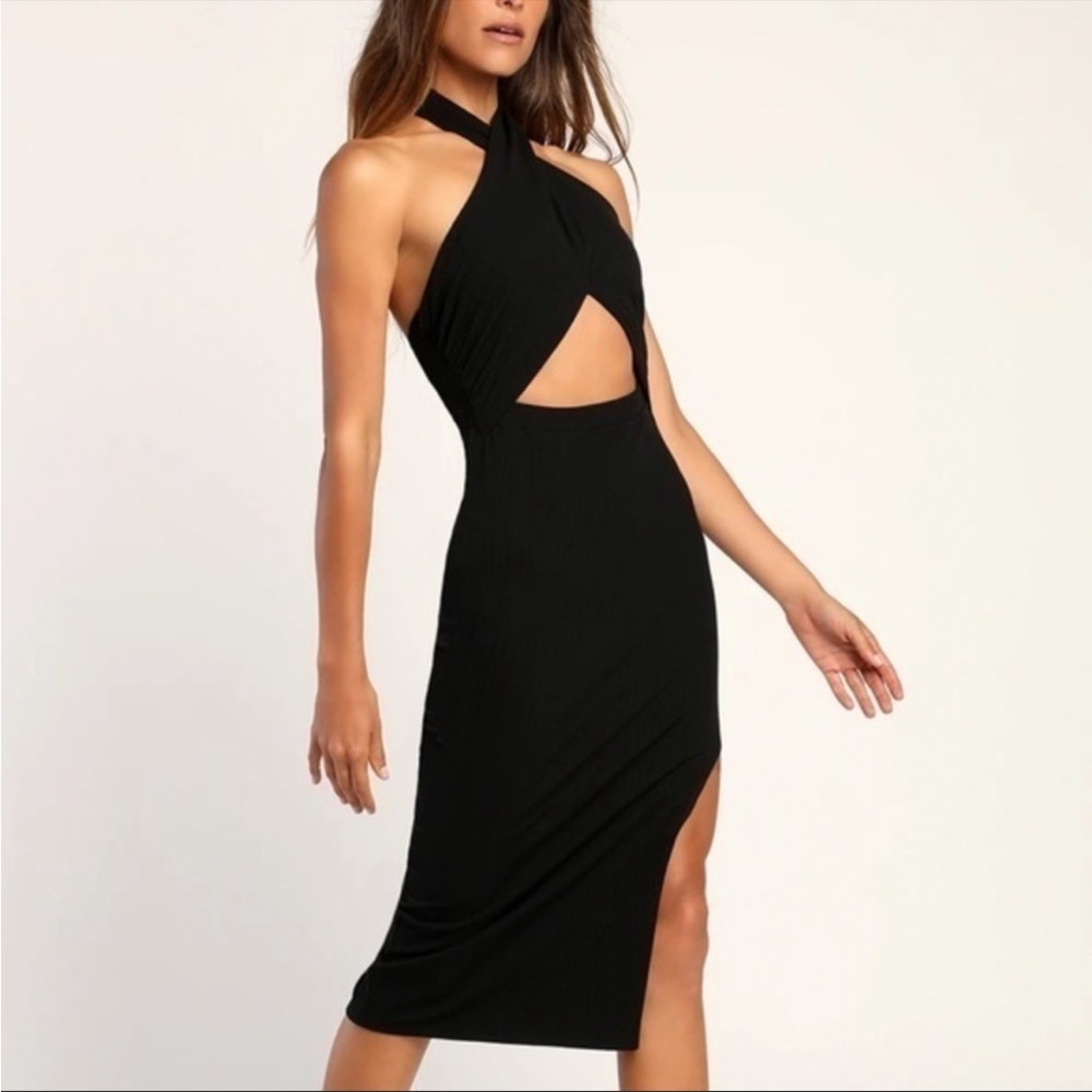 Catching Glances Black Ribbed Cutout Halter Midi Dress